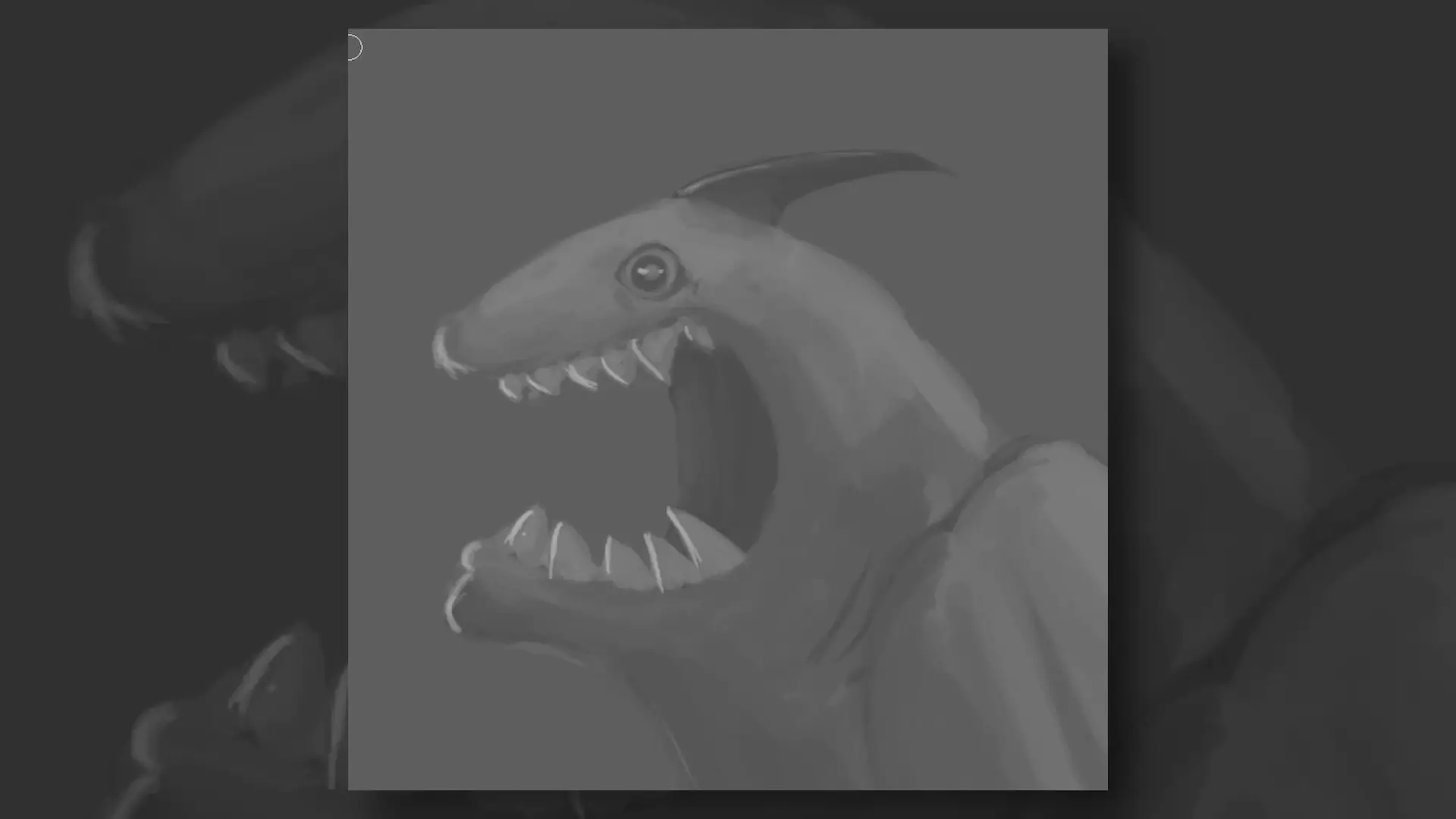 A desaturated painting of a shark monster.