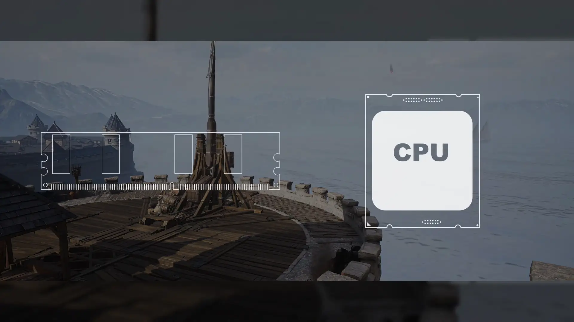 Vector graphics of a CPU and RAM stick superimposed on gameplay.