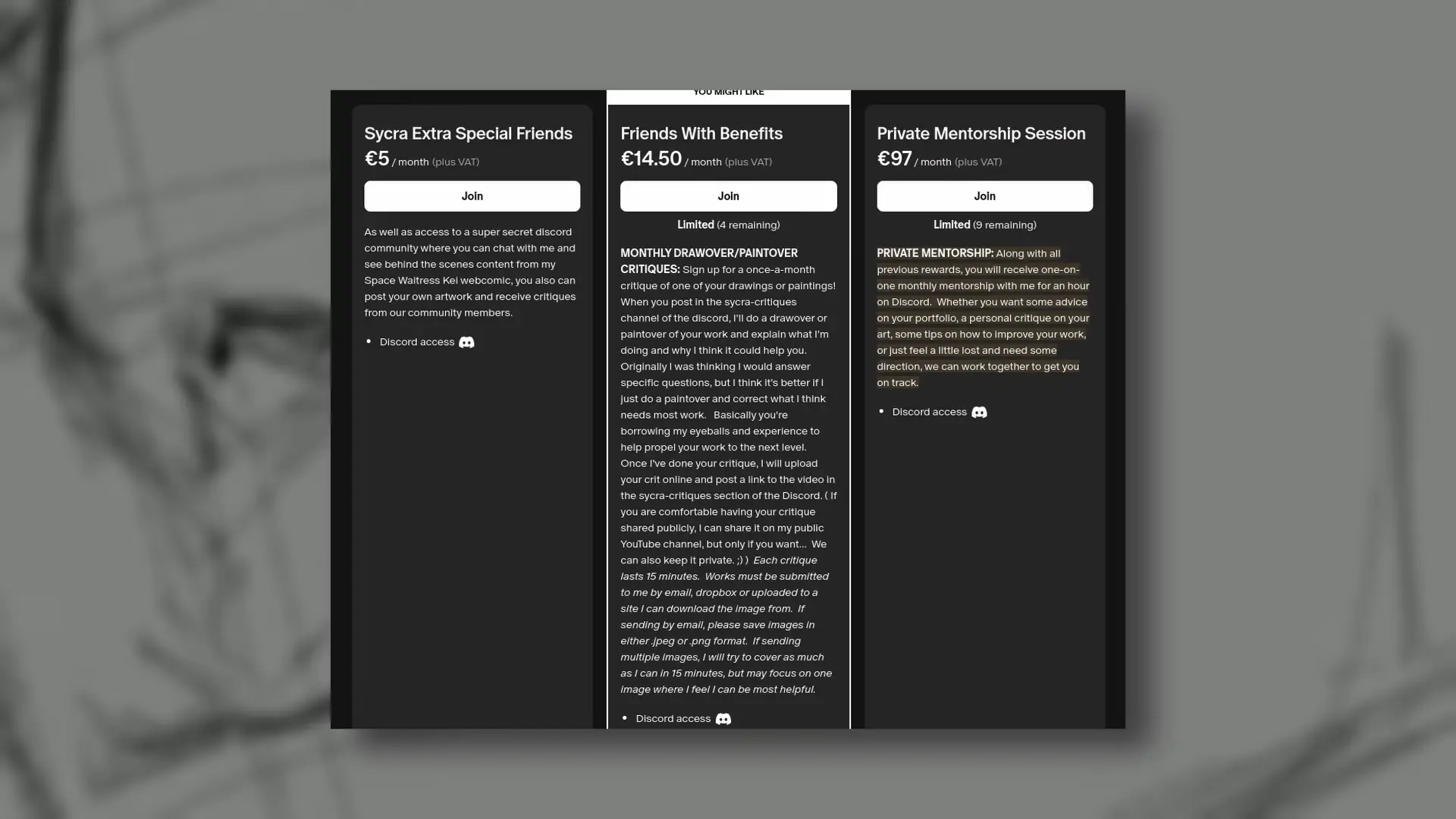 Sycra's Patreon pricing and benefits.