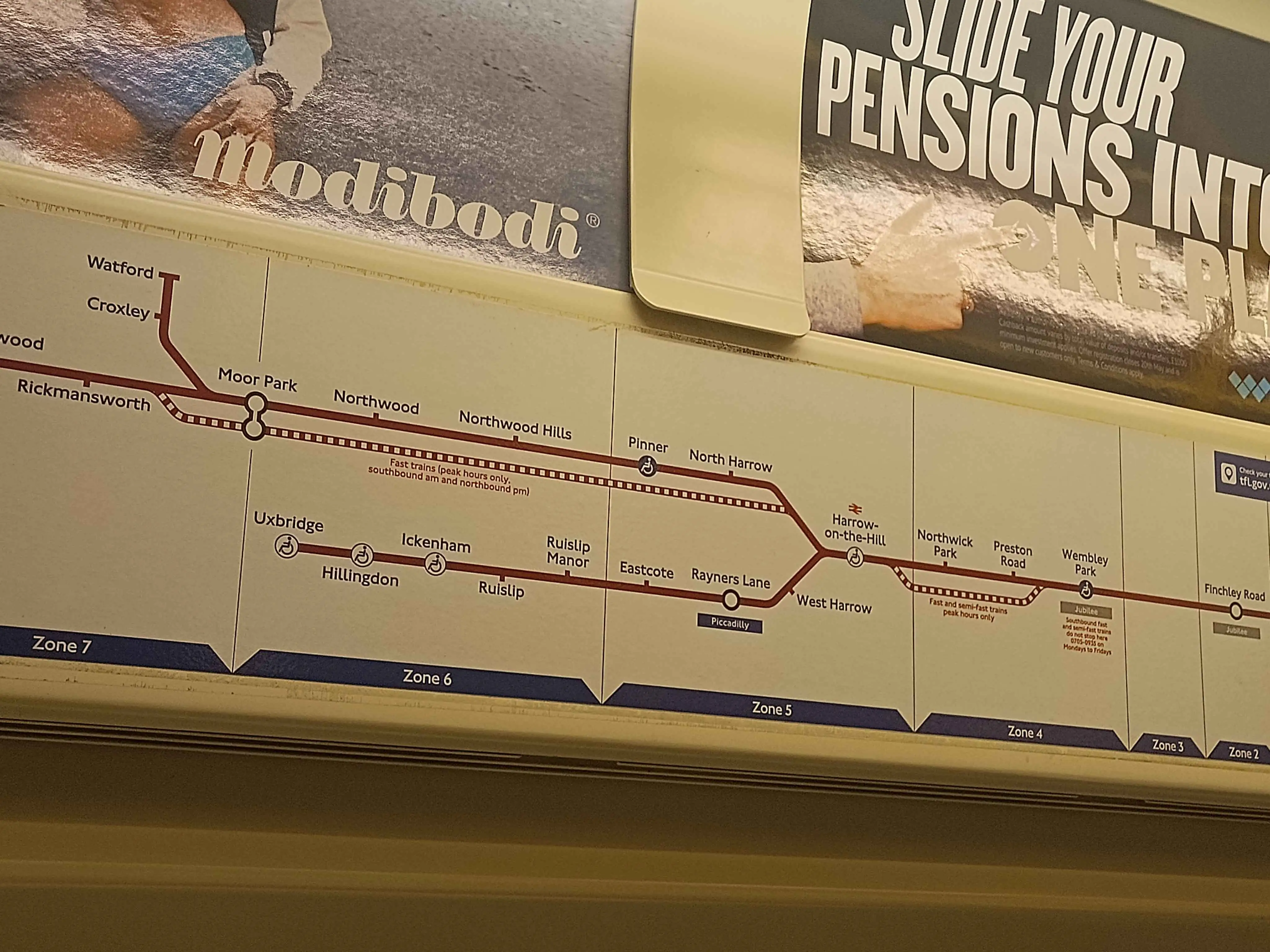 A map of stops inside of a station placed under advertisements.