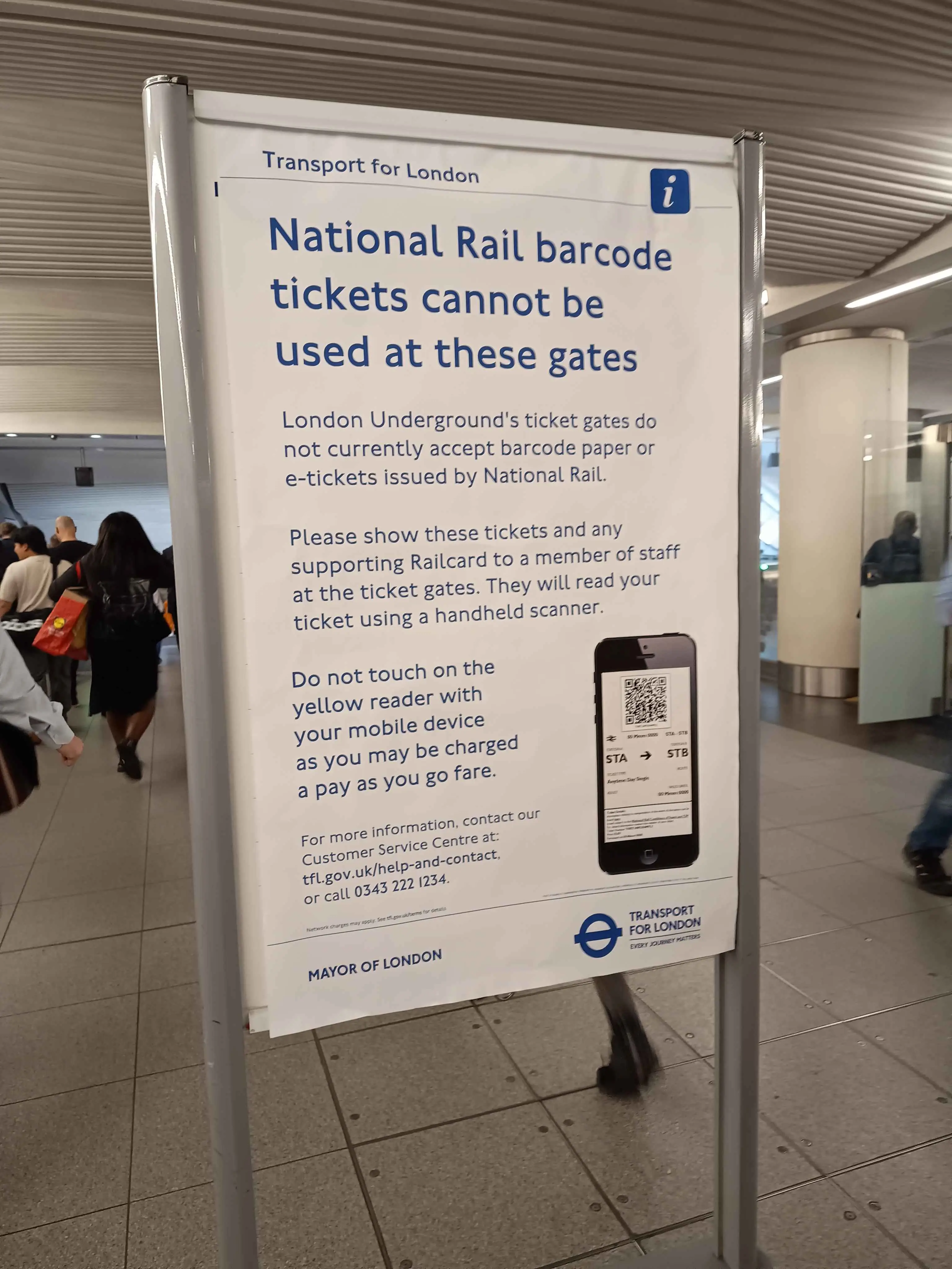 A sign titled 'National Rail barcode Tickets cannot be used at these gates'.