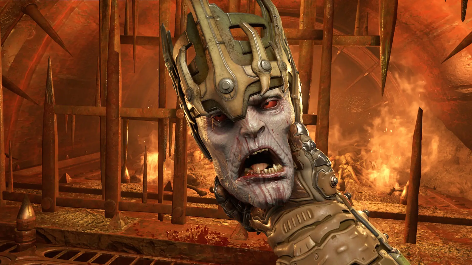 Doom Eternal, holding a decapitated head.