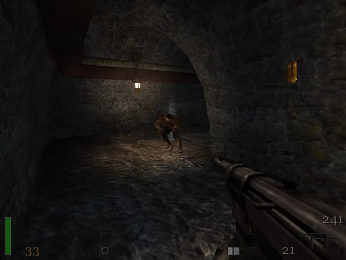 Return to Castle Wolfenstein, fragging a Nazi.