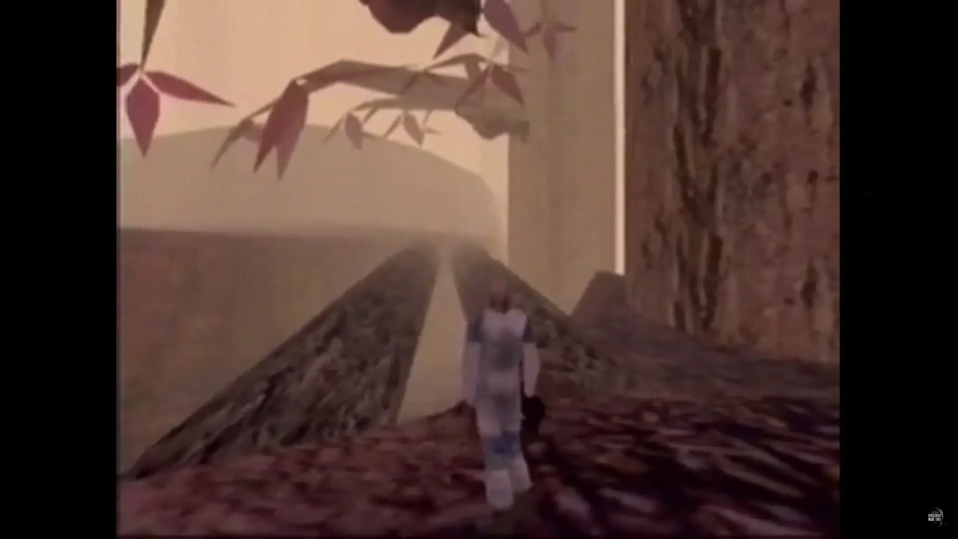 the protagonist walking through the red forest