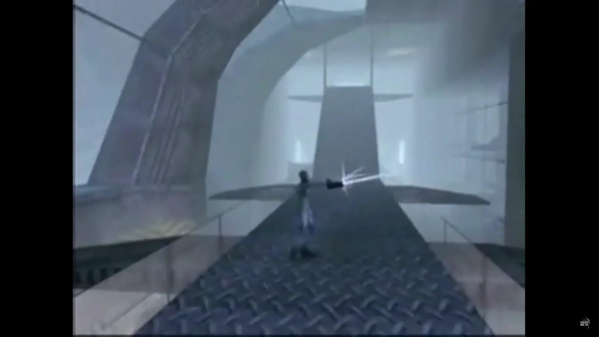 the protagonist walking through a sci fi interior