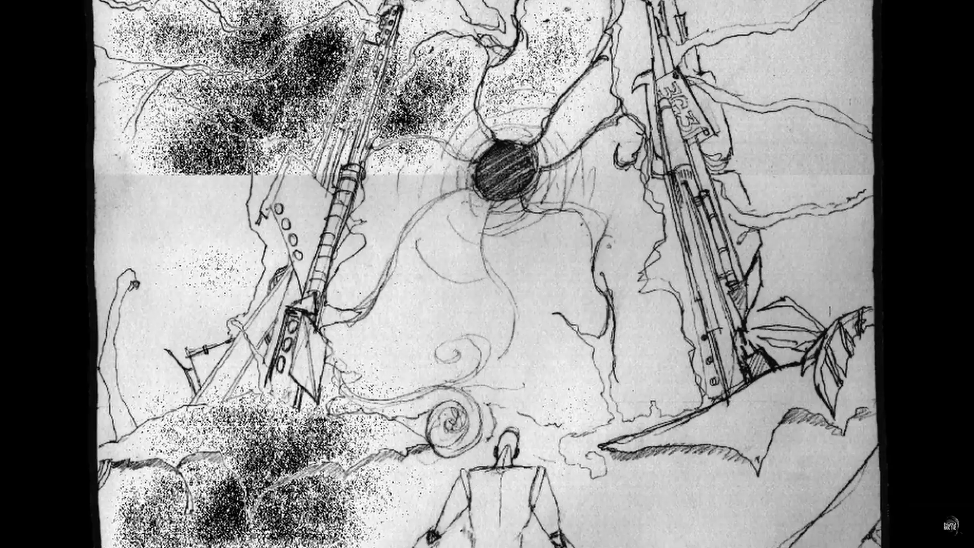 ;Miray is on an alien landscape looking up at a massive portal.